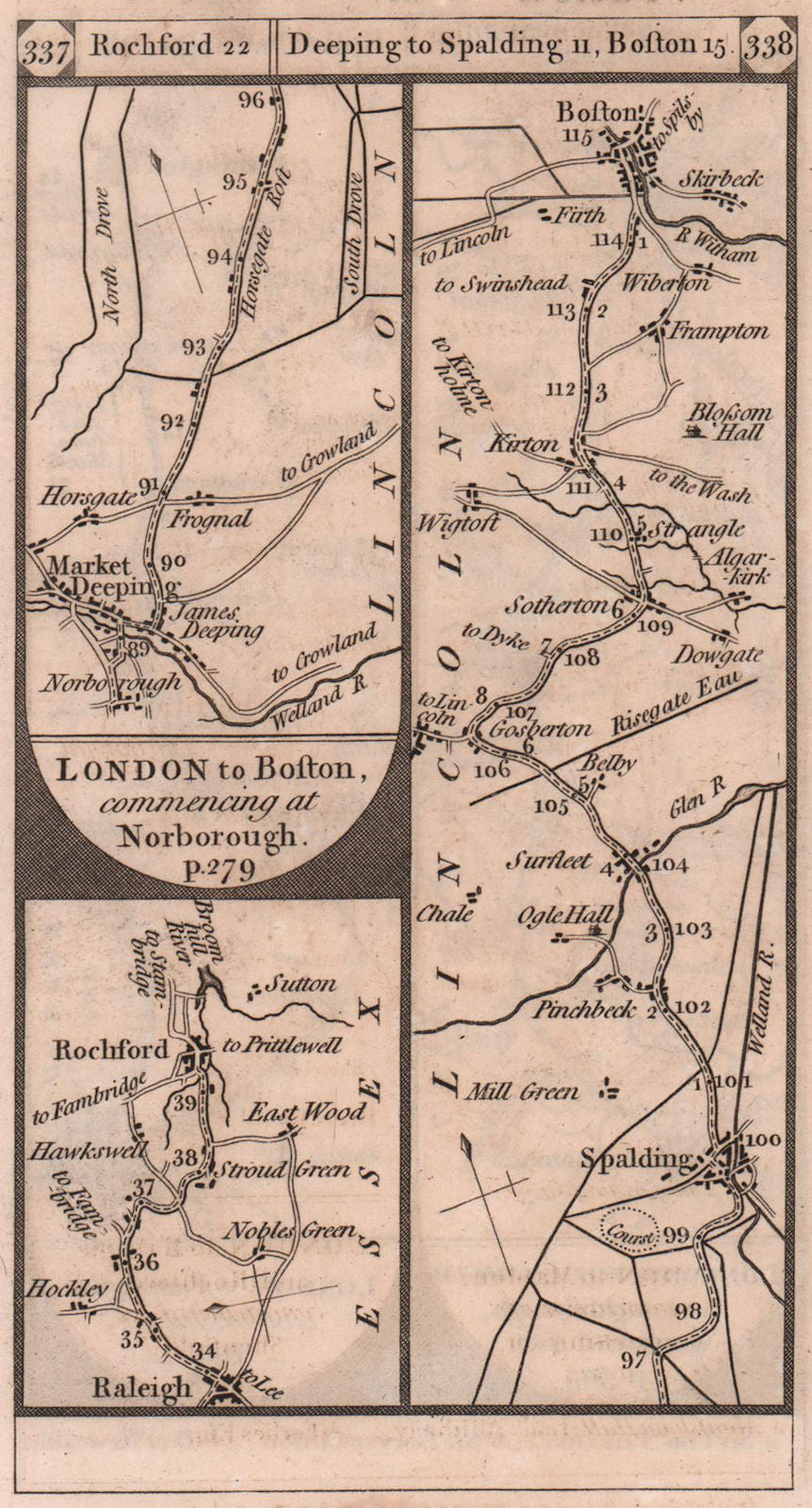 Rayleigh-Rochford. Market Deeping-Boston road strip map PATERSON 1803 old